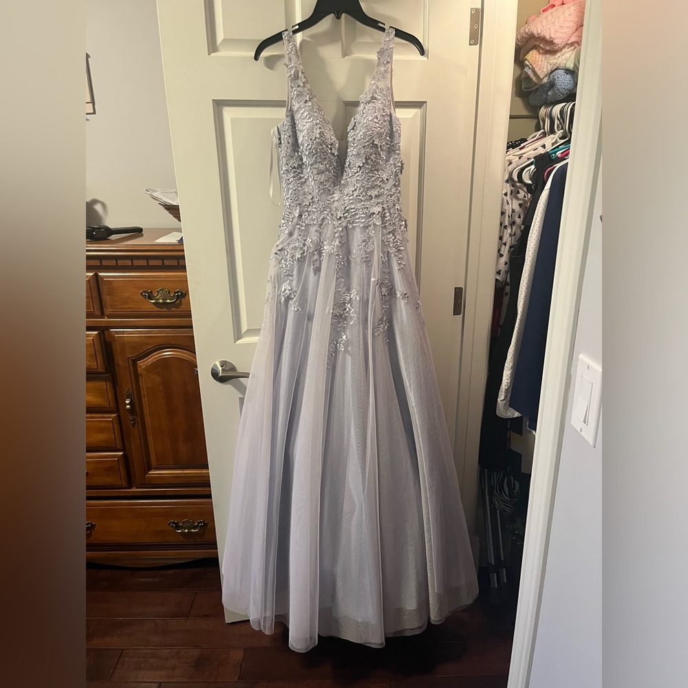 XSCAPE Womens Silver/Blue Sleeveless Full-Length Formal Prom Fit + Flare